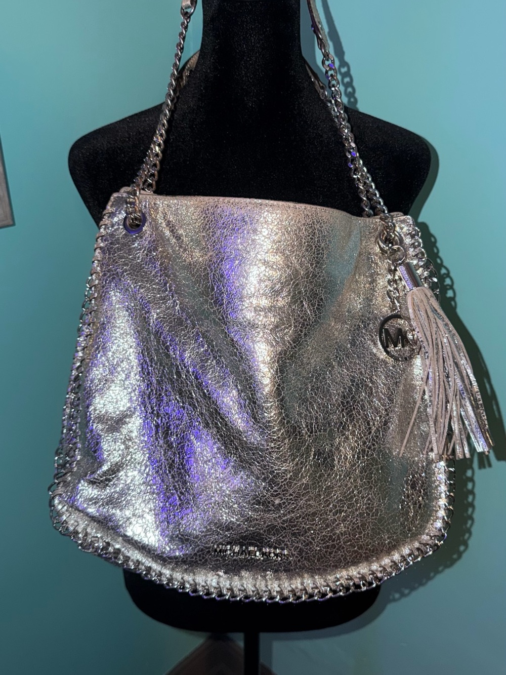 Michael Kors Silver Metallic Chain-Trim Shoulder Hobo